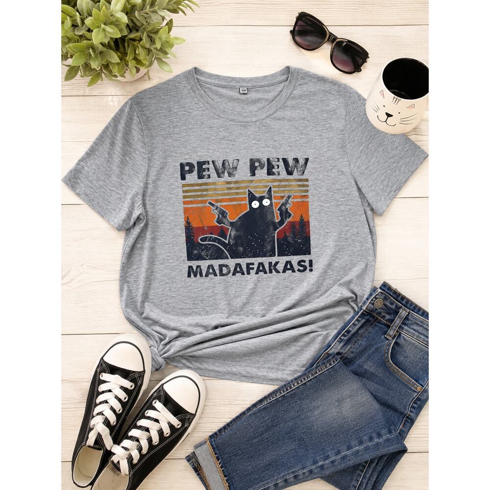 Funny Cat "PEW PEW MADAFAKAS!" Graphic T-Shirt Junior Large Fits Women's Medium